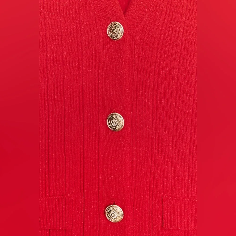 ZARA V-neck Knit Cardigan w/ 3/4 sleeves in Gold Button Red Size M NEW - Picture 6 of 6